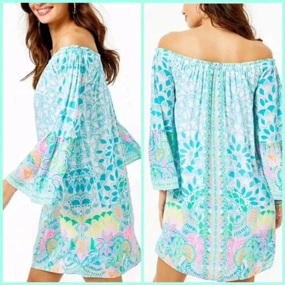 Lilly Pulitzer Nevie Dress Size XS Caribbean Citrus Off Shoulder Tropical Beachy - Picture 1 of 11